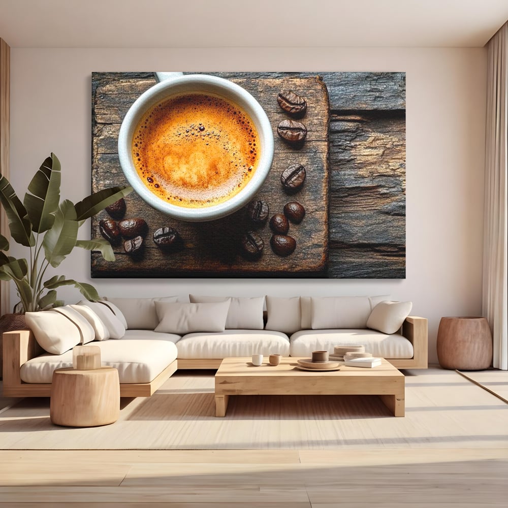 Tablou canvas cu ceasca de espresso si boabe de cafea, fara rama, pe sasiu de lemn, pe perete intr-un living